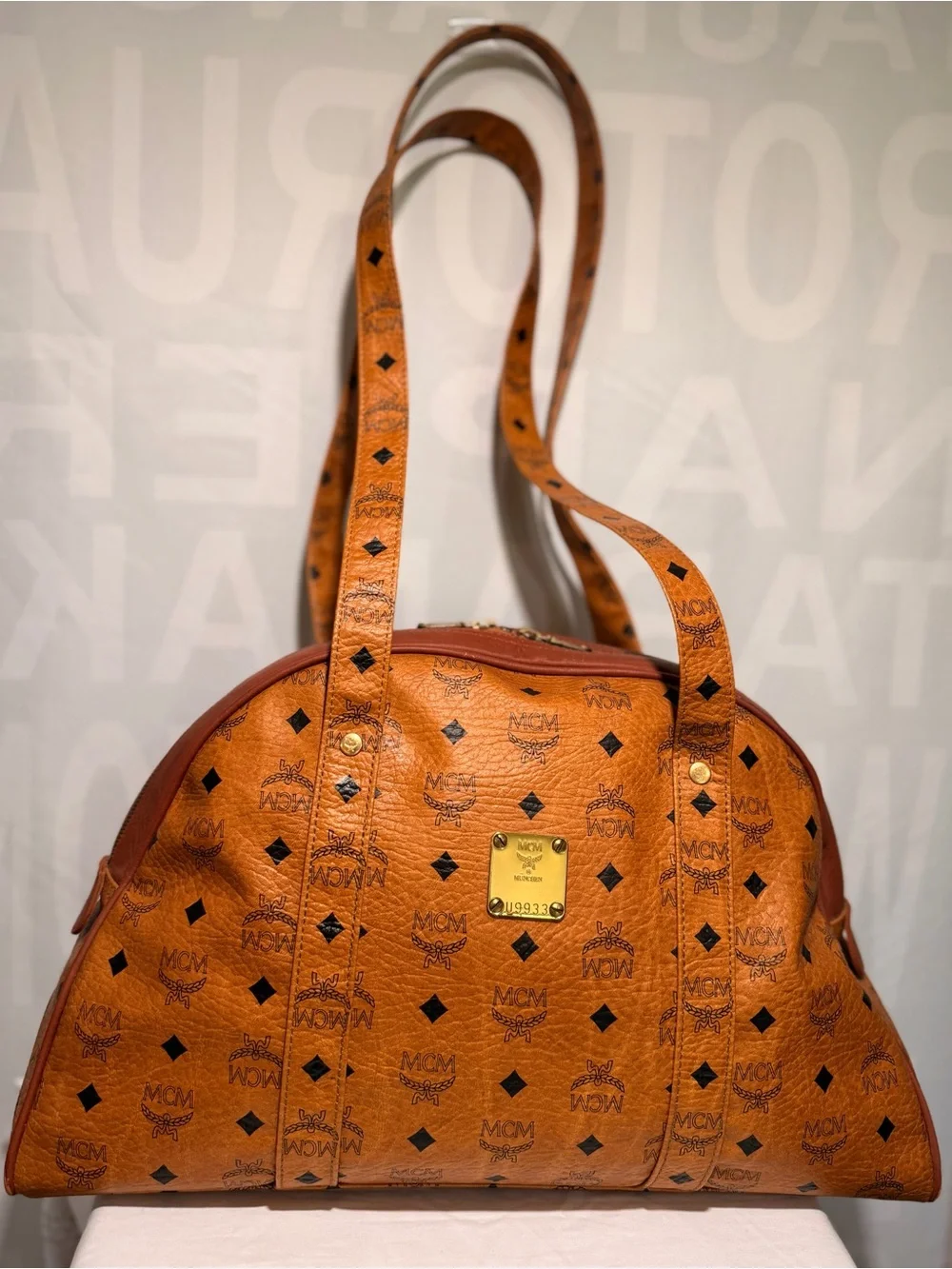 MCM Cognac Monogram Visetos Dome Tote with Shoulder Straps